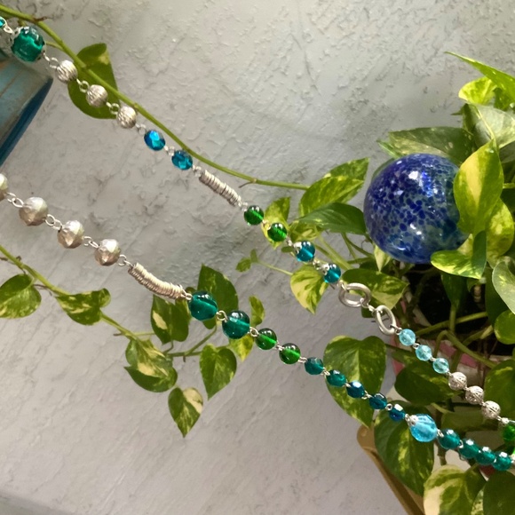 Vintage Glass/Crystal/Metal Beaded Necklace STEPHAN & CO UNIQUE 1980s BLUE-GREEN - Picture 8 of 10